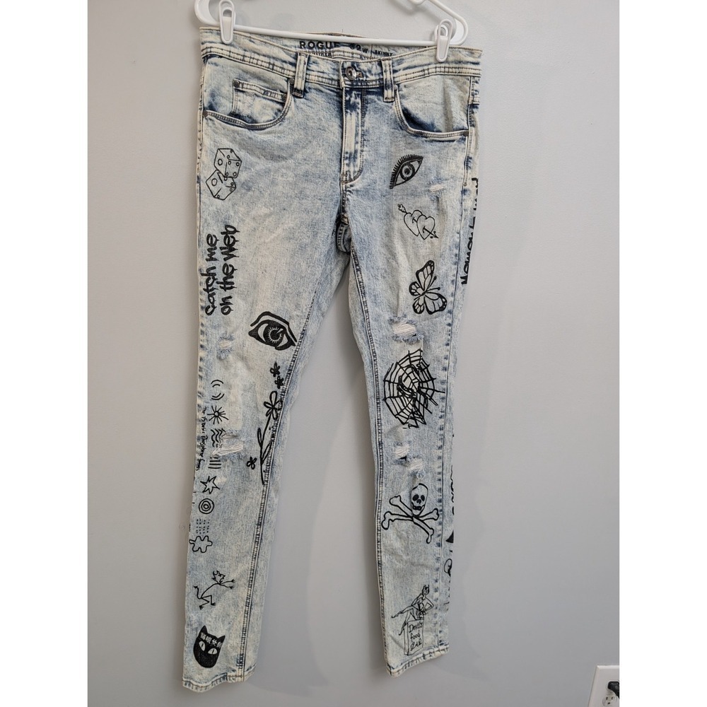 X2 Rogue Jeans Men 32x34 Blue Acid Wash Graffiti Zip Stretch‎ Denim